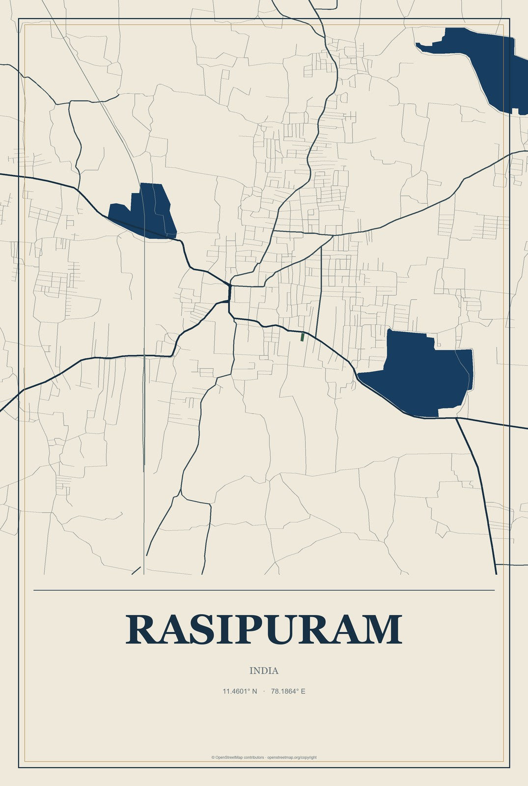 Rasipuram, India City Map Aluminum Sign in Coastal Cutout style