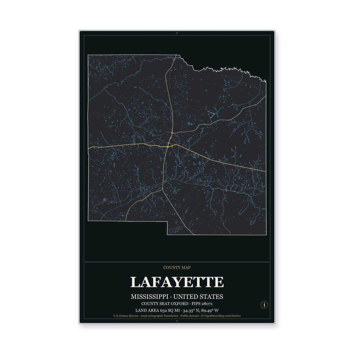 Lafayette County, Mississippi Map Aluminum Sign in Metropolitan Noir style