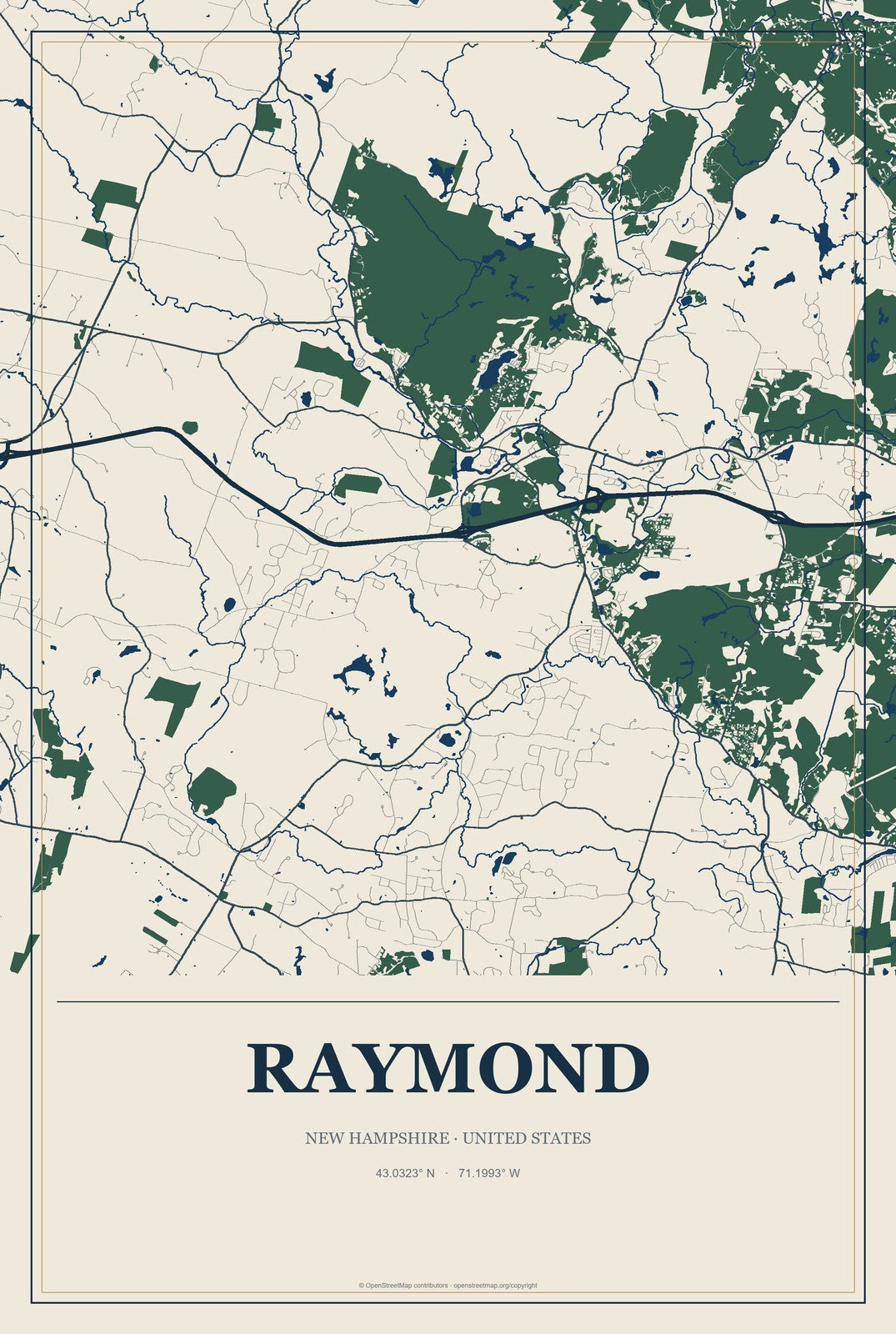 Raymond, New Hampshire City Map Aluminum Sign in Coastal Cutout style