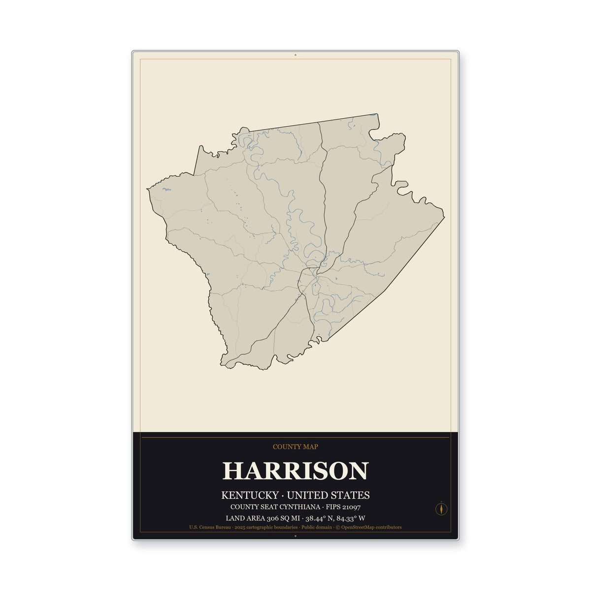 Harrison County, Kentucky Map Aluminum Sign in Museum Plaque style