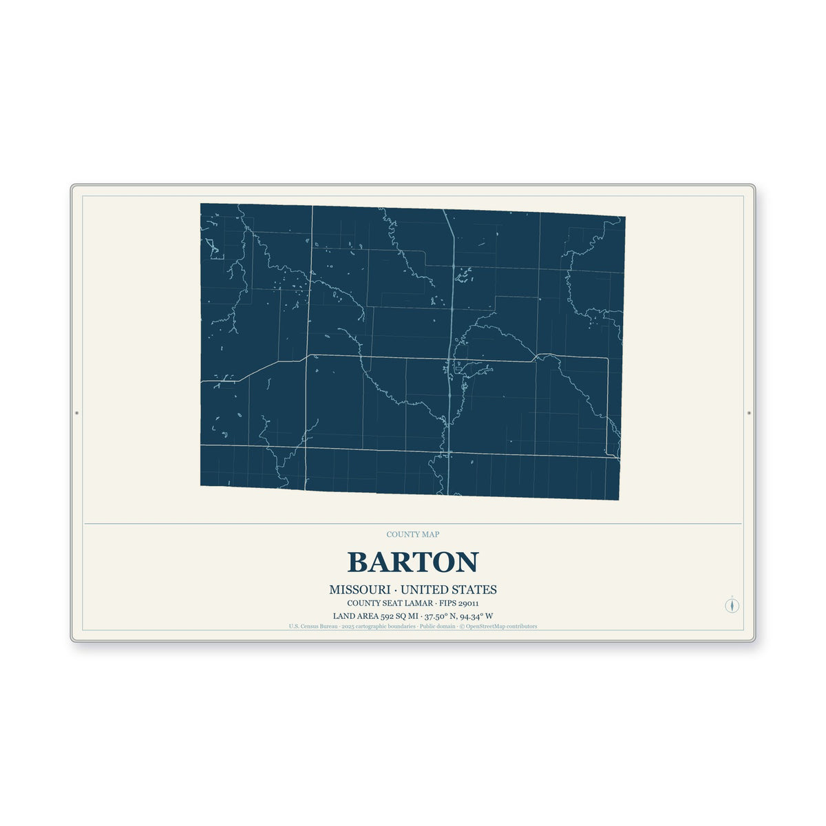 Barton County, Missouri Map Aluminum Sign in Coastal Cutout style