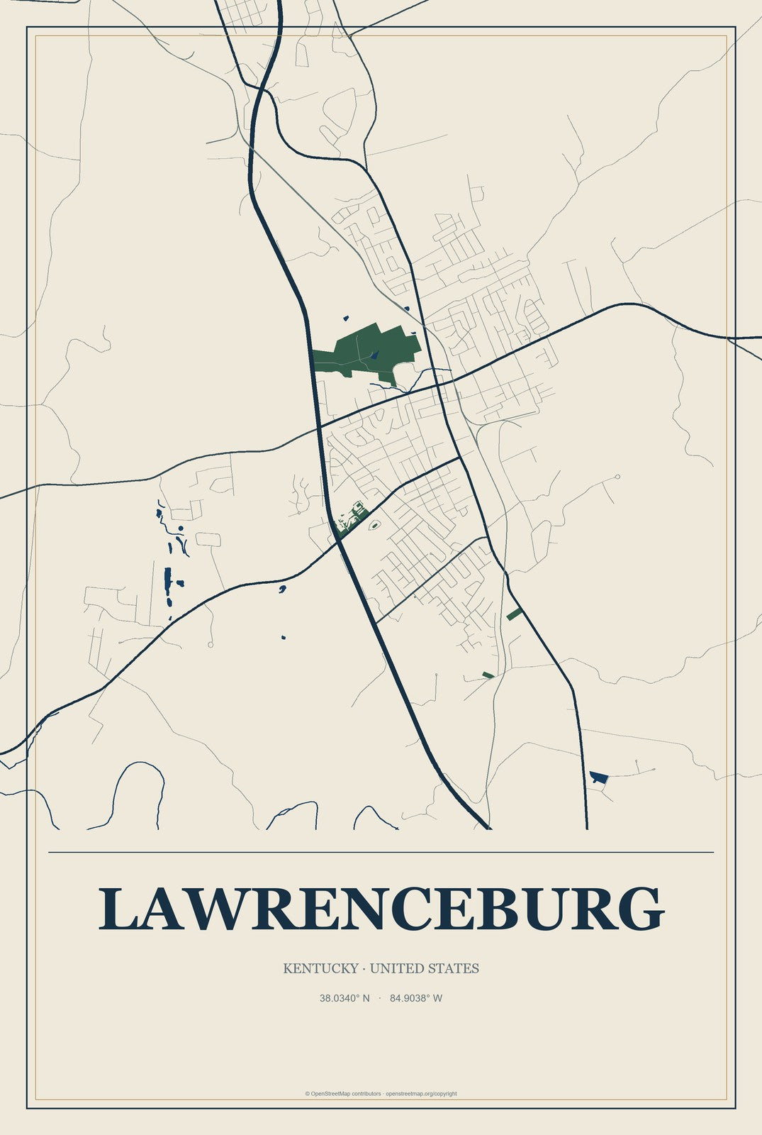 Lawrenceburg, Kentucky City Map Aluminum Sign in Coastal Cutout style