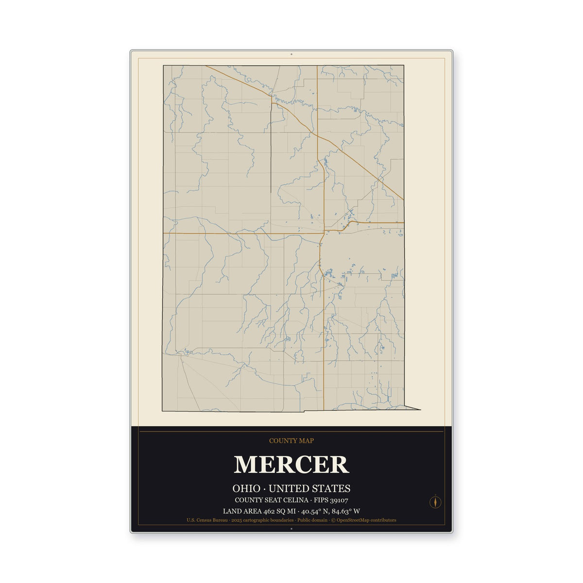 Mercer County, Ohio Map Aluminum Sign in Museum Plaque style