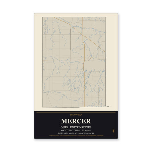 Mercer County, Ohio Map Aluminum Sign in Museum Plaque style