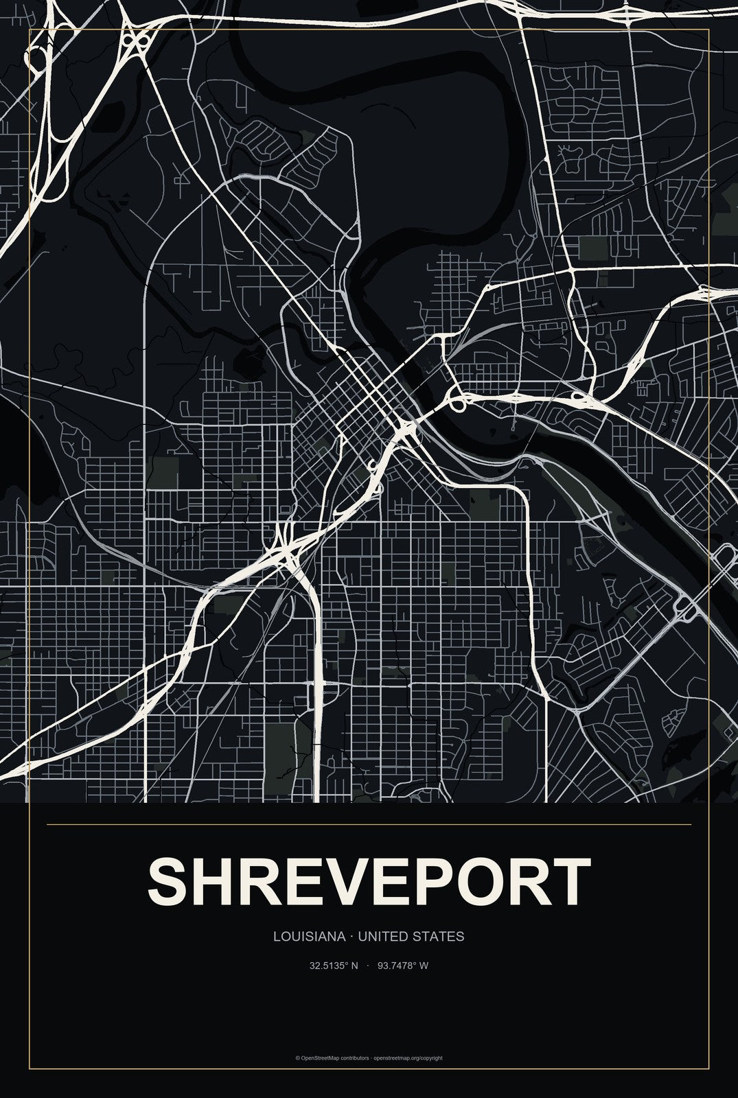 Shreveport, Louisiana City Map Aluminum Sign in Metropolitan Noir style