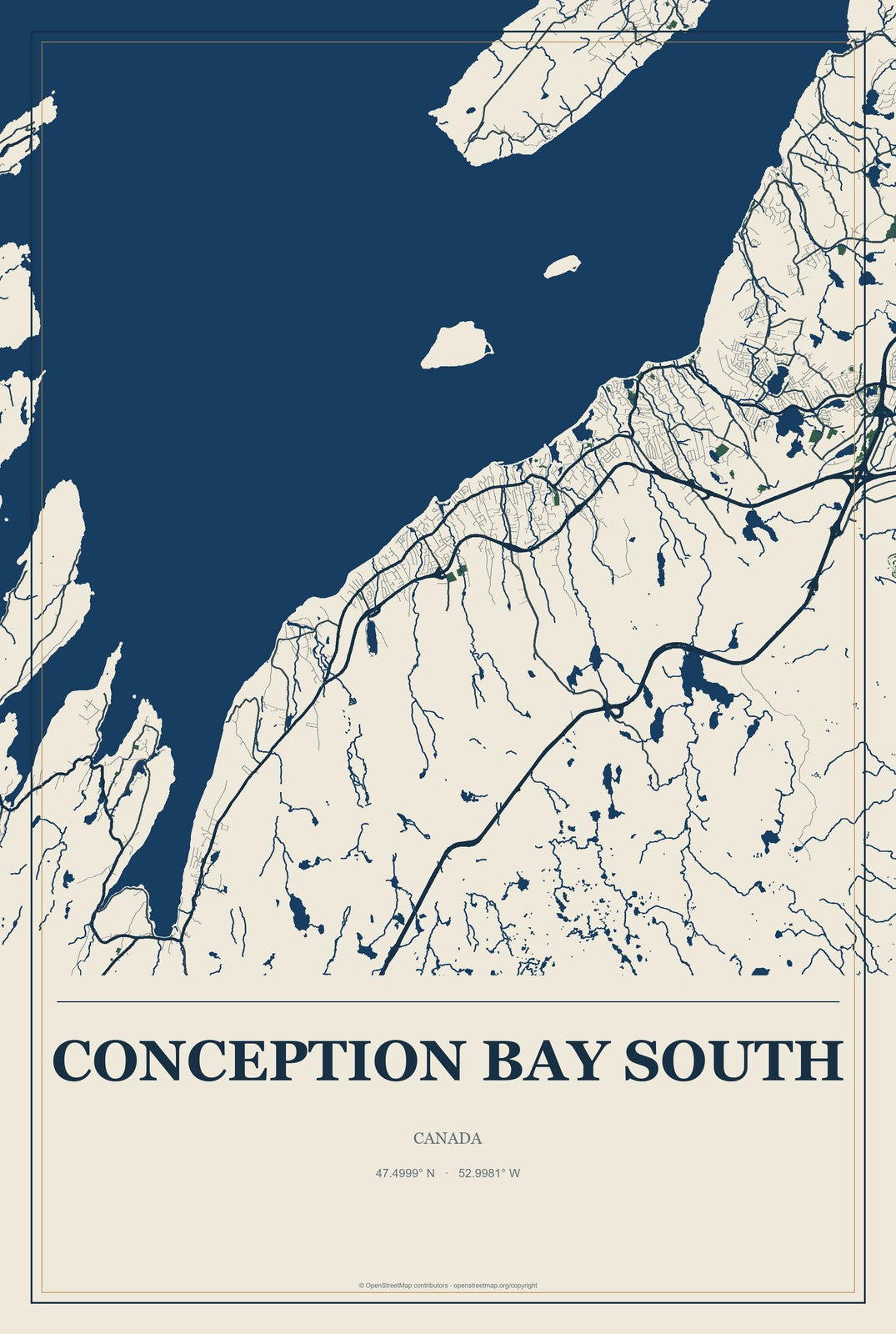 Conception Bay South, Canada City Map Aluminum Sign in Coastal Cutout style