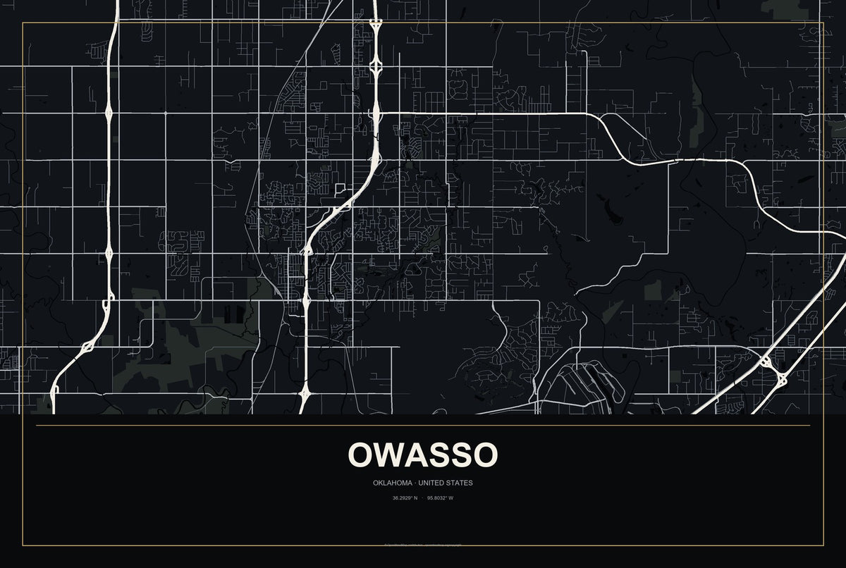Owasso, Oklahoma City Map Aluminum Sign in Metropolitan Noir style