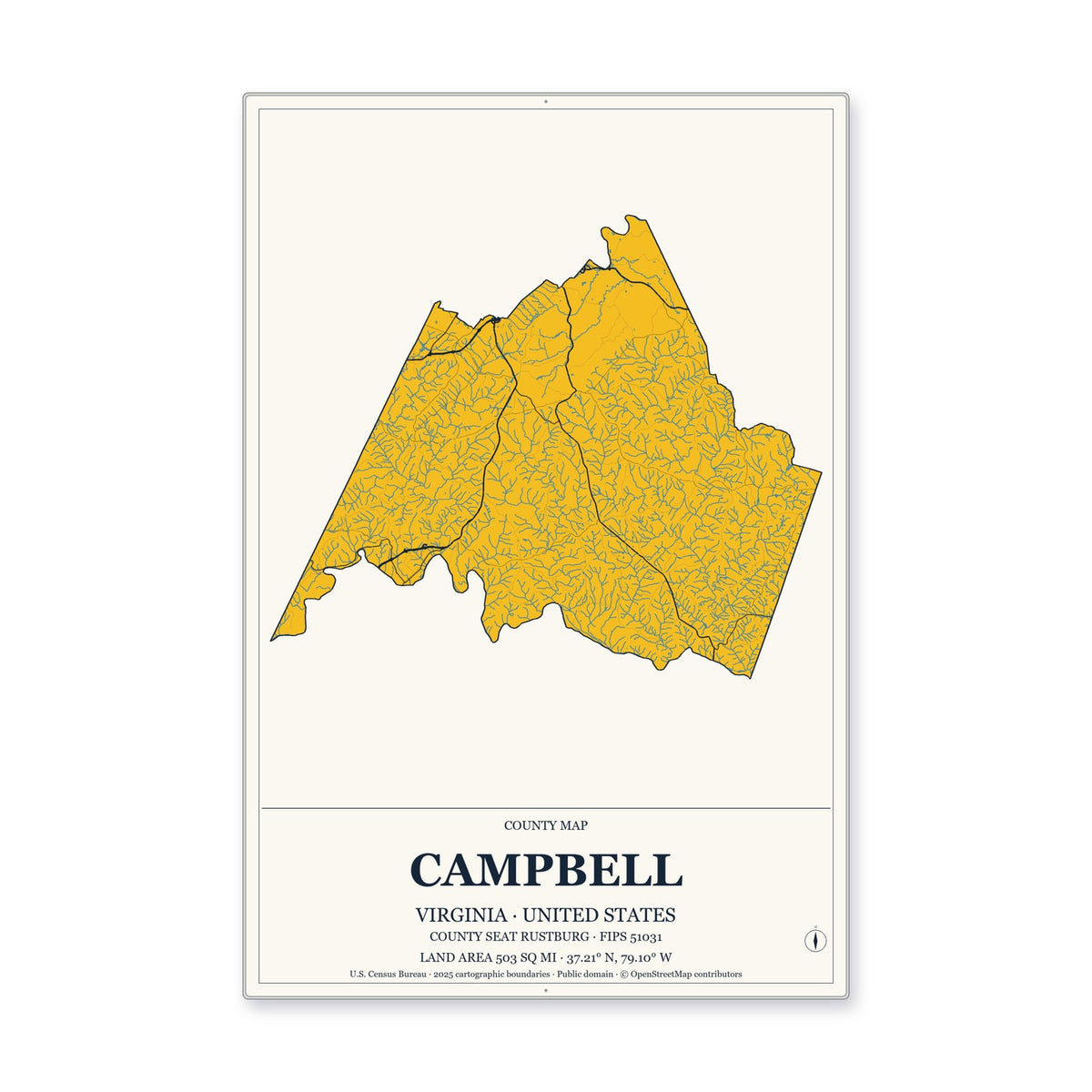 Campbell County, Virginia Map Aluminum Sign in Citrine Modern style