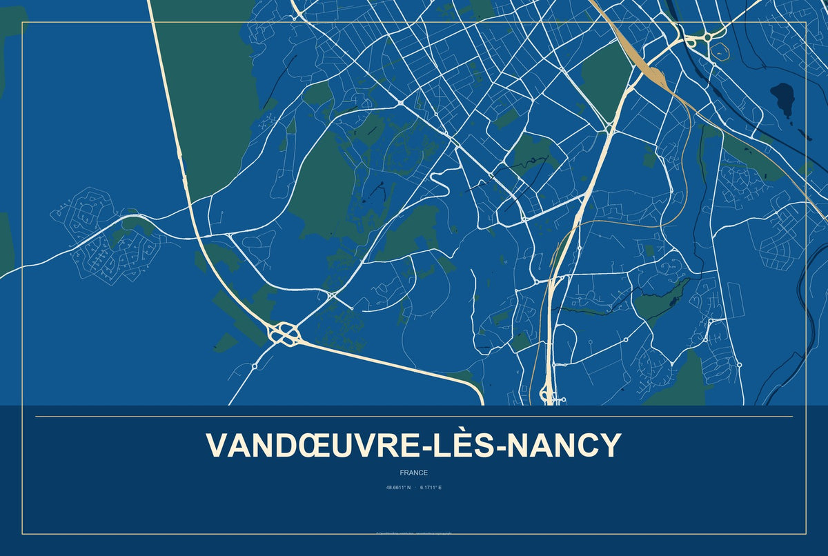 Vandœuvre-lès-Nancy, France City Map Aluminum Sign in Harbor Cobalt style