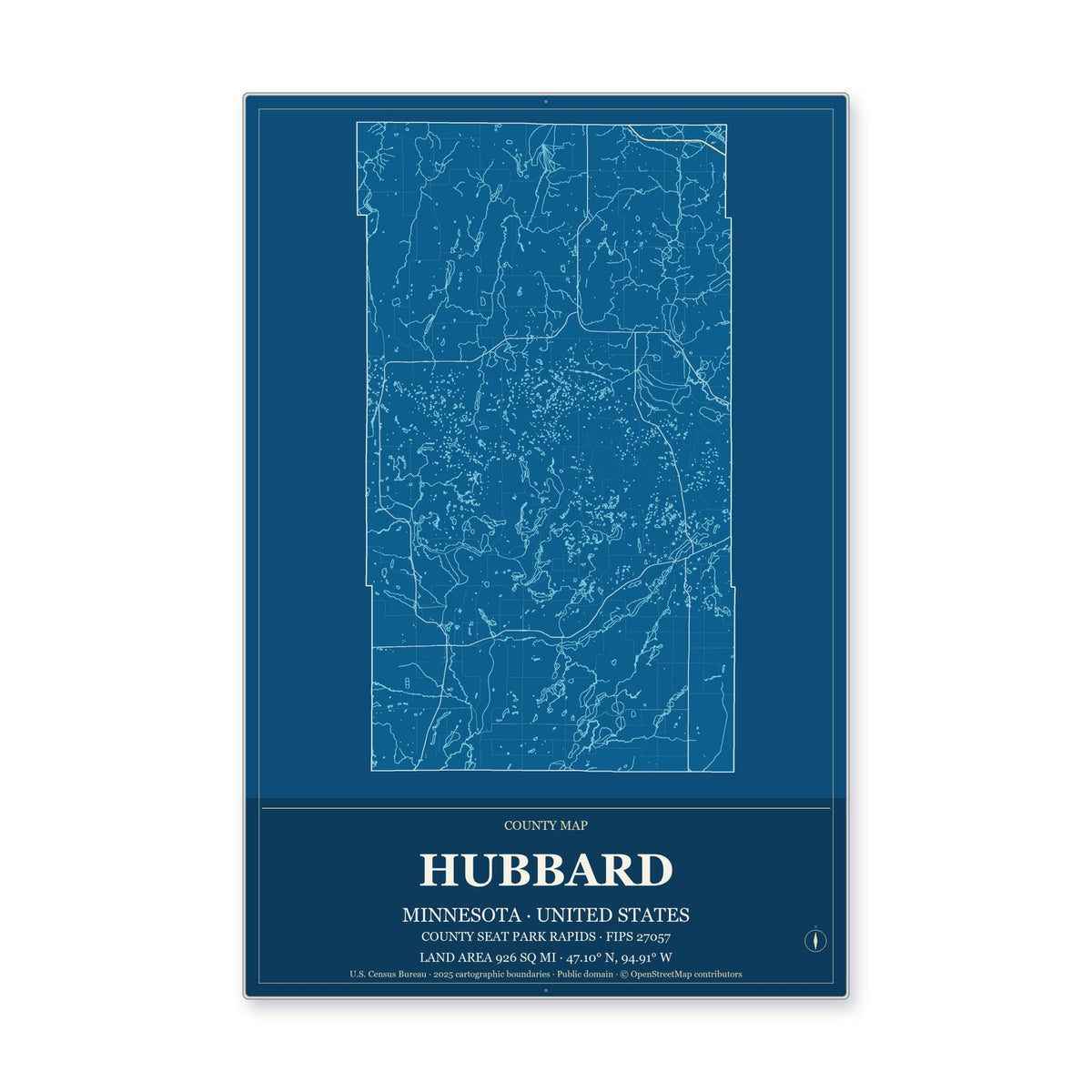 Hubbard County, Minnesota Map Aluminum Sign in Harbor Cobalt style