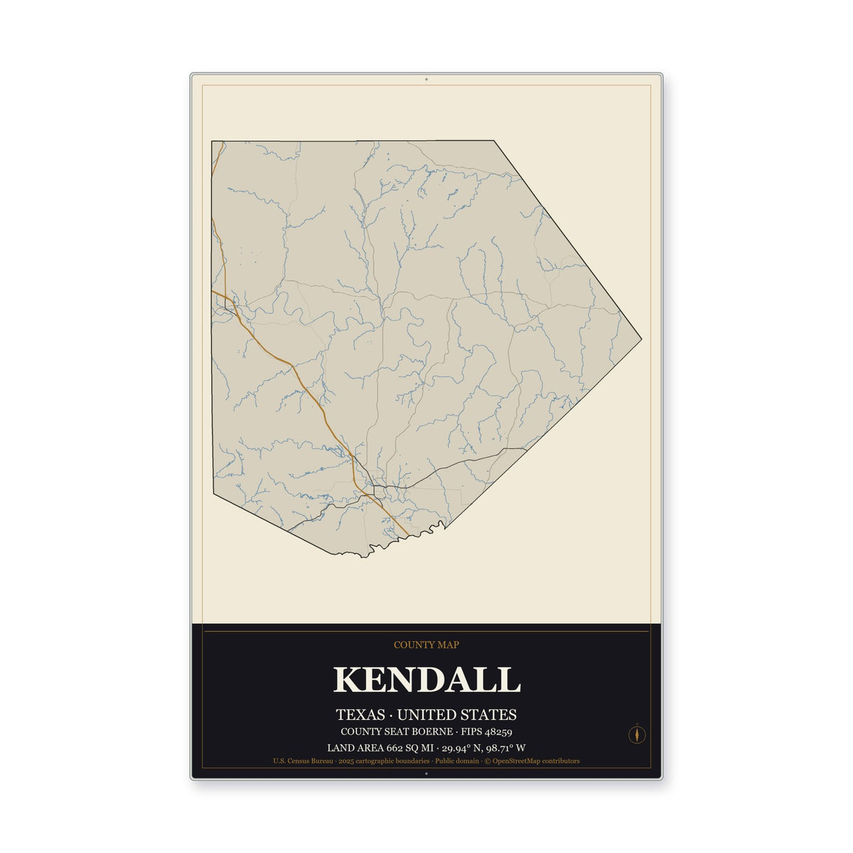 Kendall County, Texas Map Aluminum Sign in Museum Plaque style