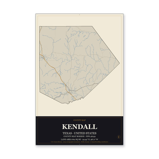 Kendall County, Texas Map Aluminum Sign in Museum Plaque style