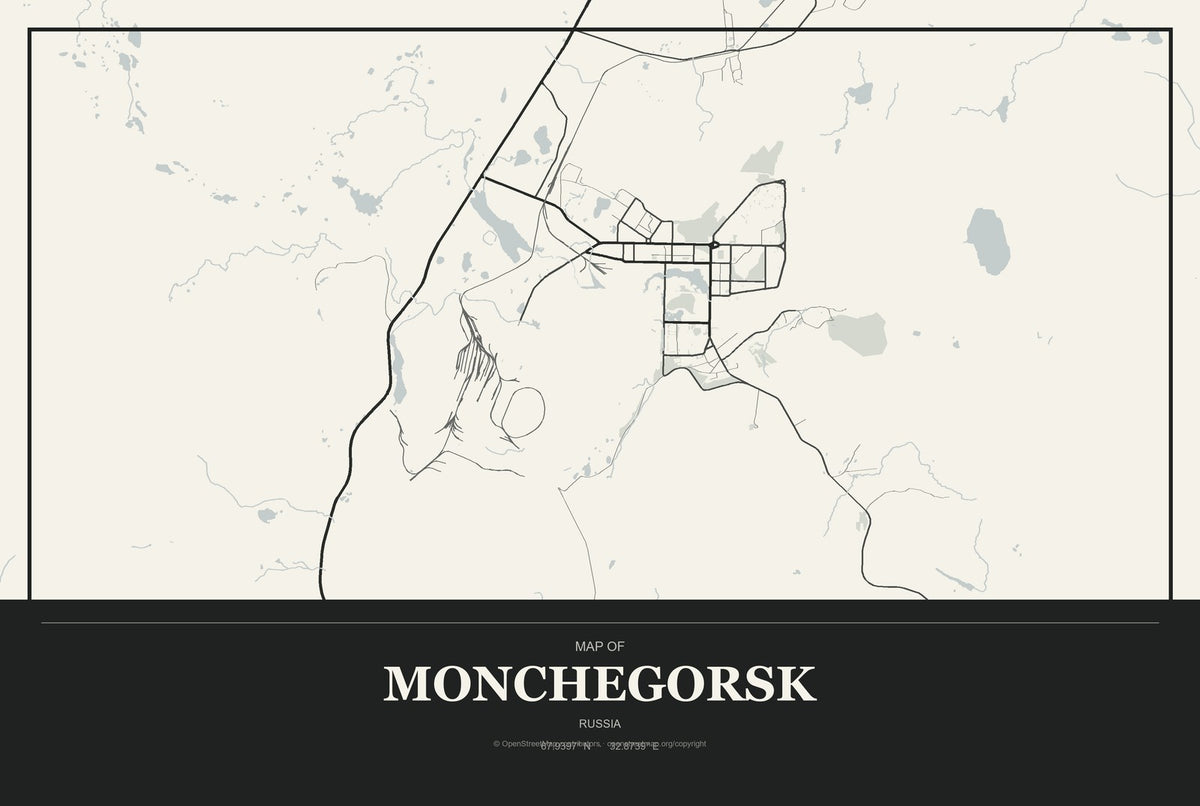 Monchegorsk, Russia City Map Aluminum Sign in Museum Plaque style