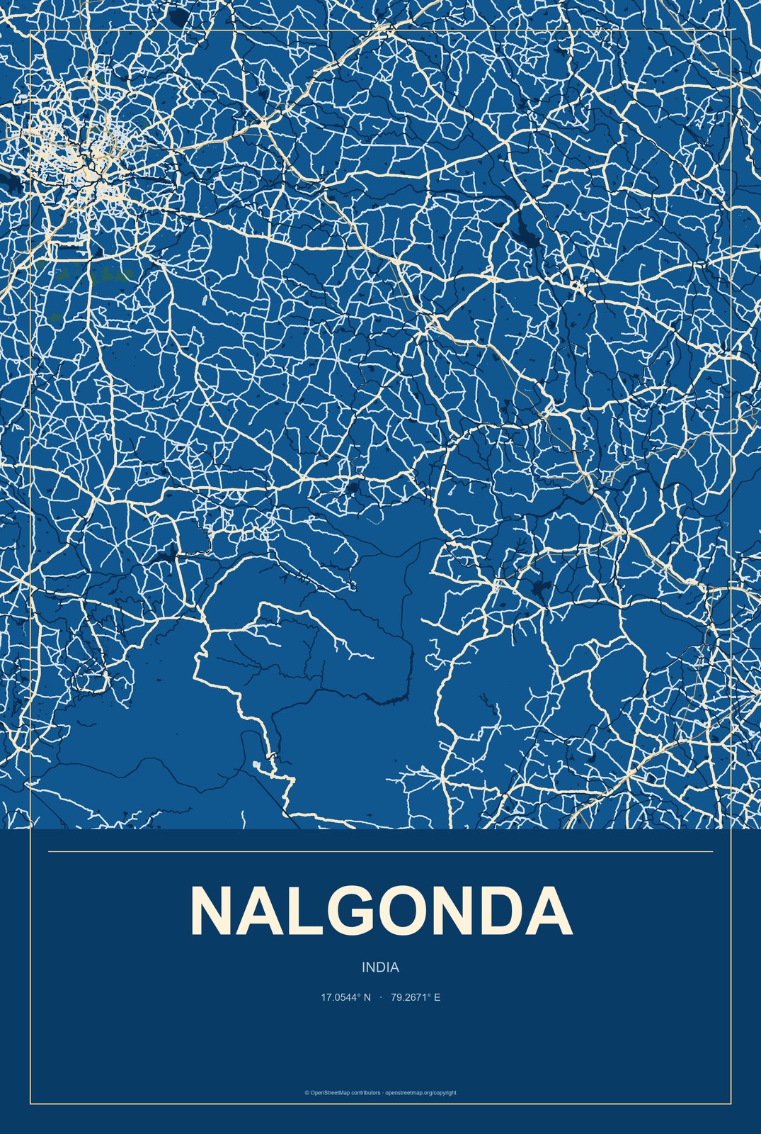 Nalgonda, India City Map Aluminum Sign in Harbor Cobalt style