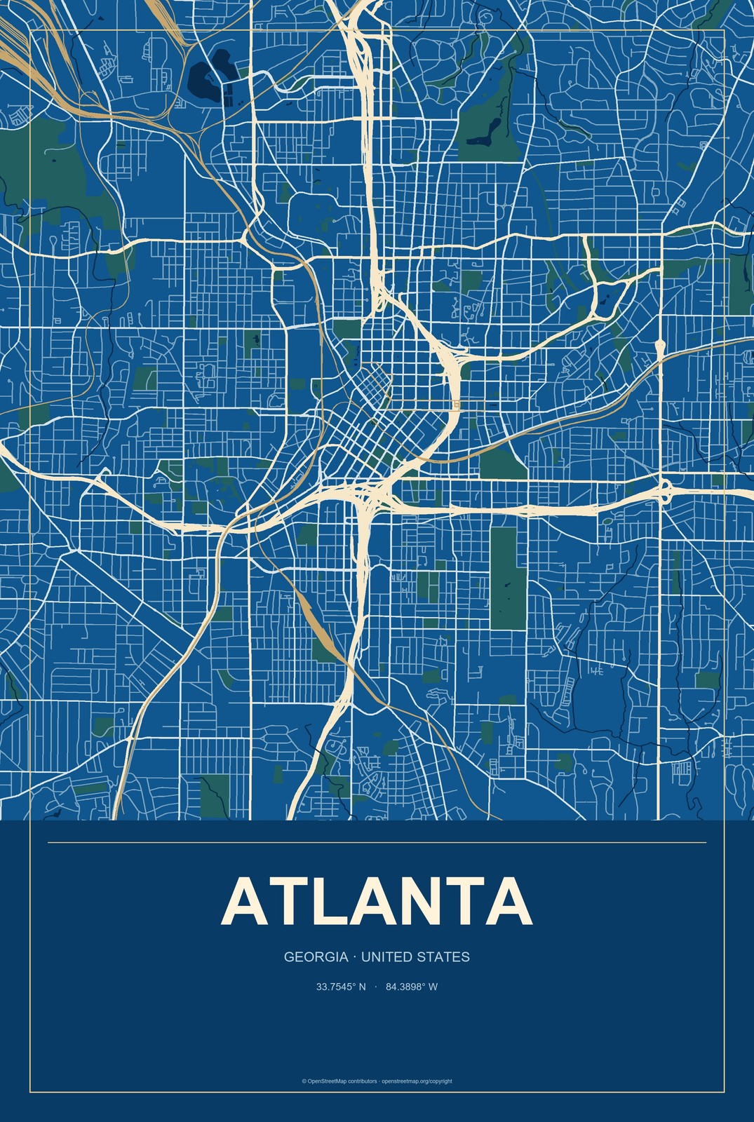 Atlanta, Georgia City Map Aluminum Sign in Harbor Cobalt style