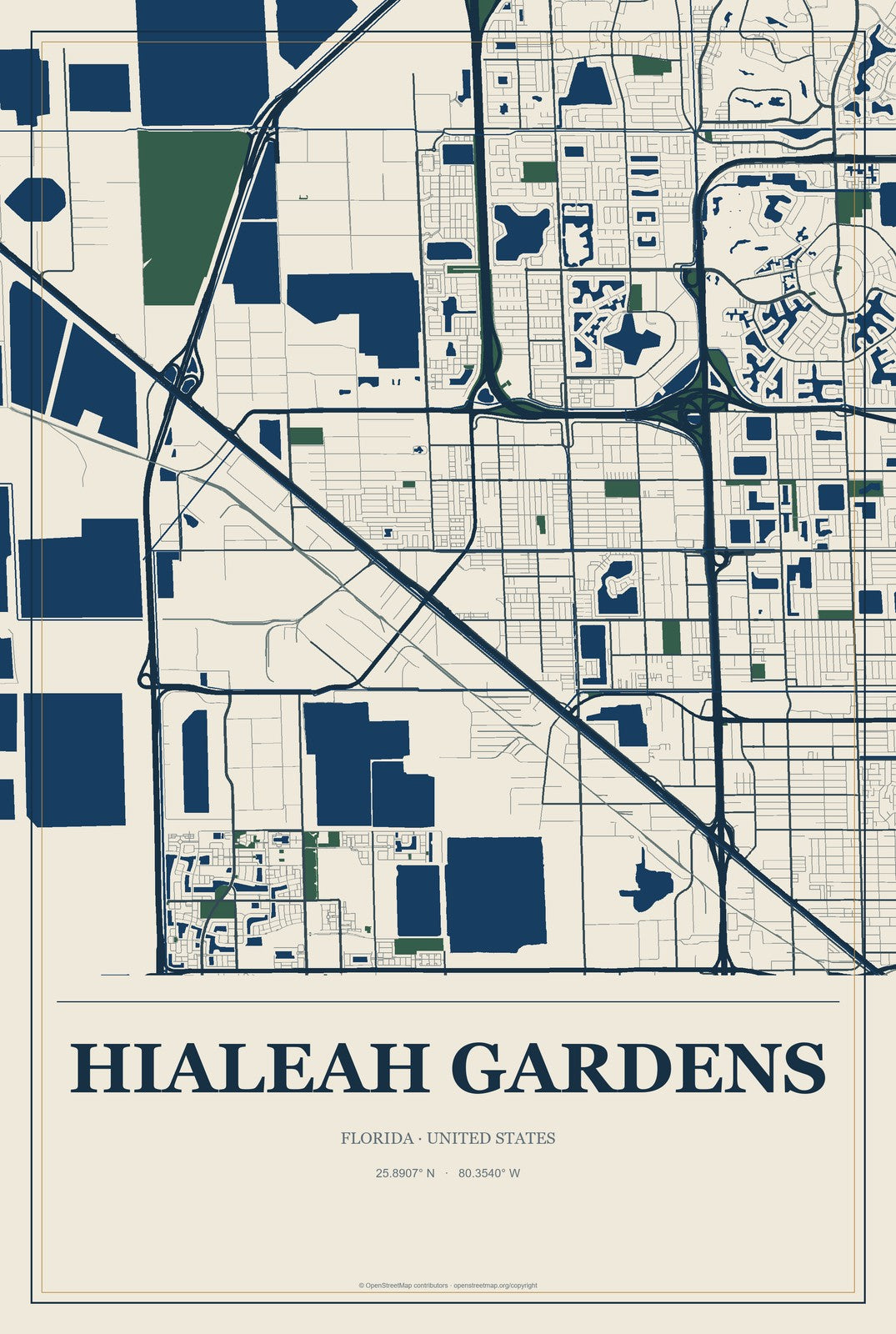 Hialeah Gardens, Florida City Map Aluminum Sign in Coastal Cutout style