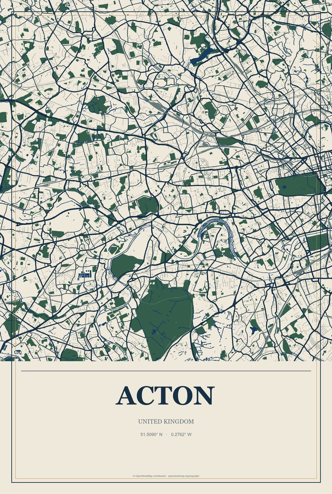 Acton, United Kingdom City Map Aluminum Sign in Coastal Cutout style