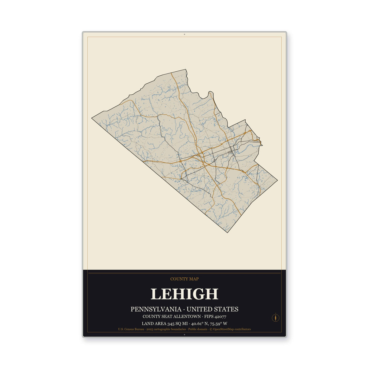 Lehigh County, Pennsylvania Map Aluminum Sign in Museum Plaque style