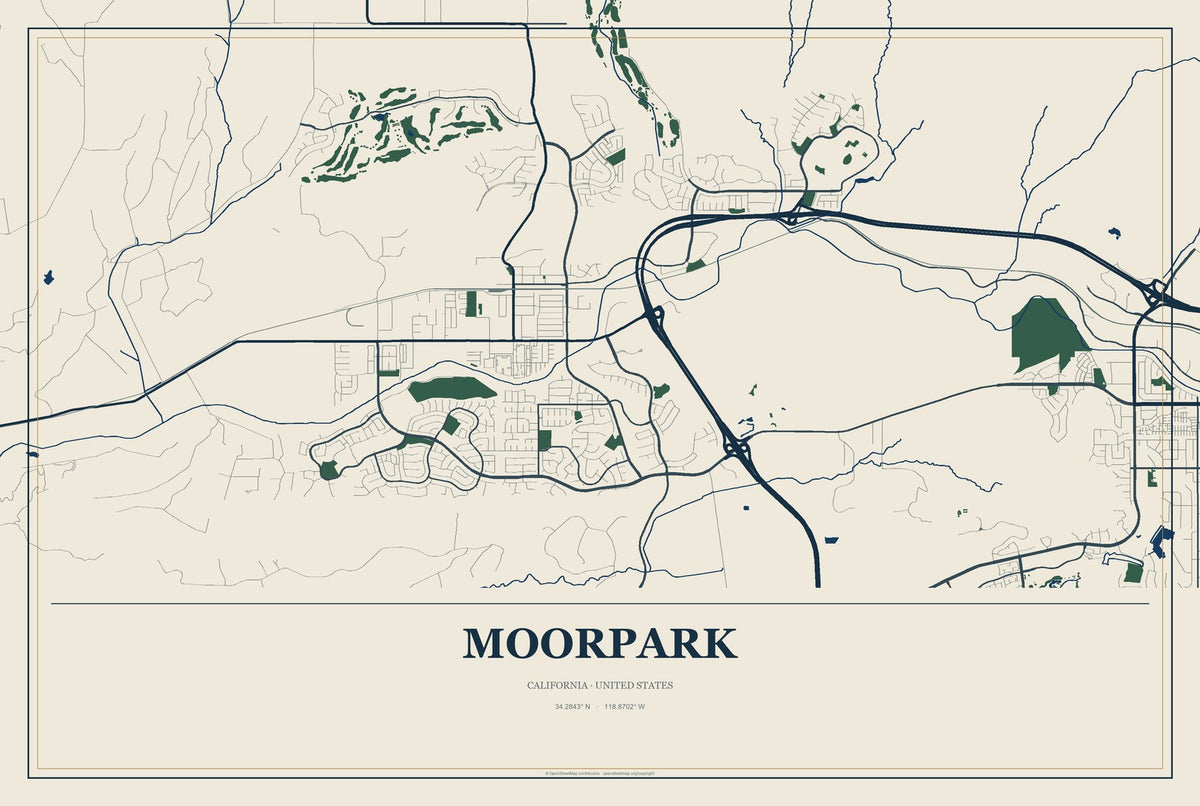 Moorpark, California City Map Aluminum Sign in Coastal Cutout style