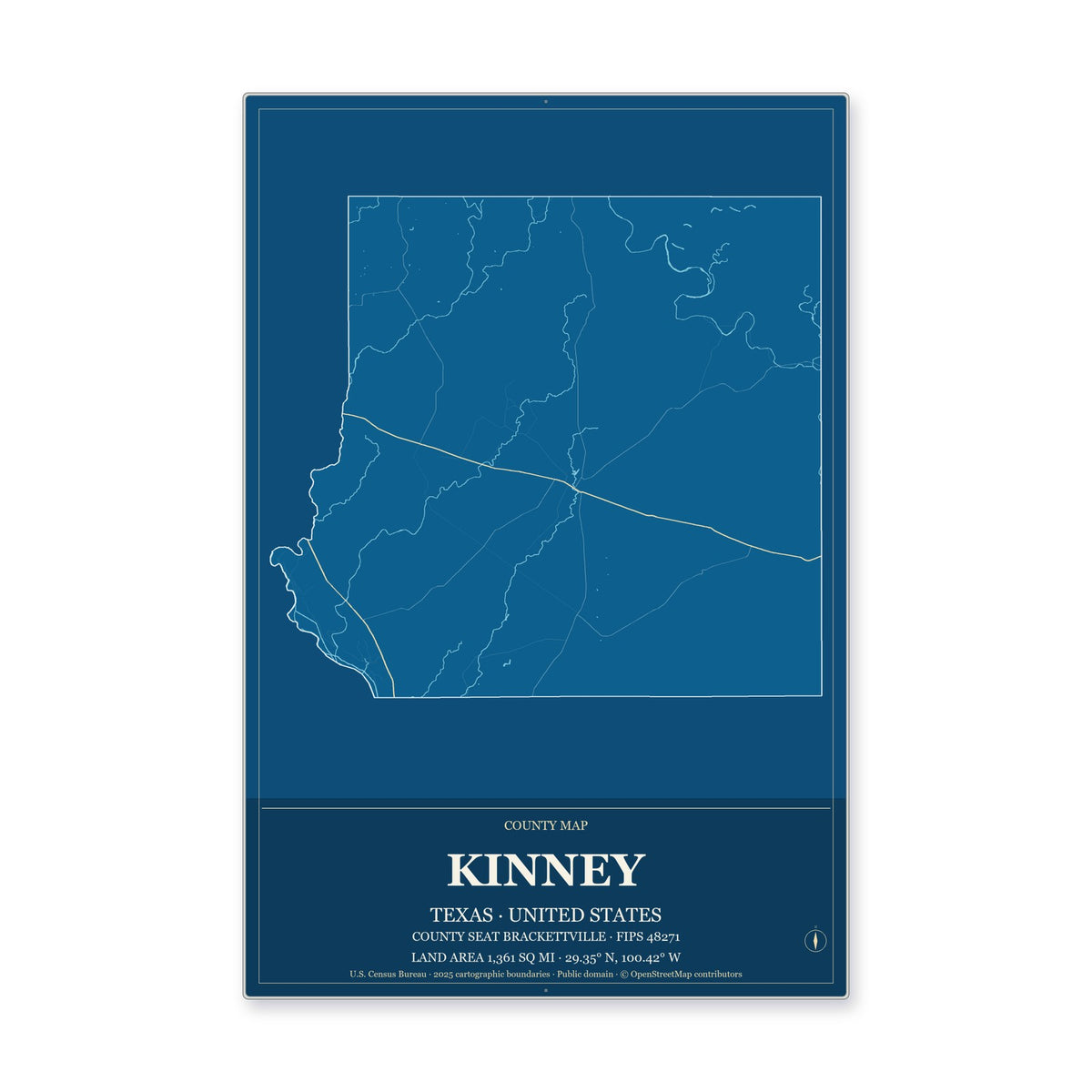 Kinney County, Texas Map Aluminum Sign in Harbor Cobalt style
