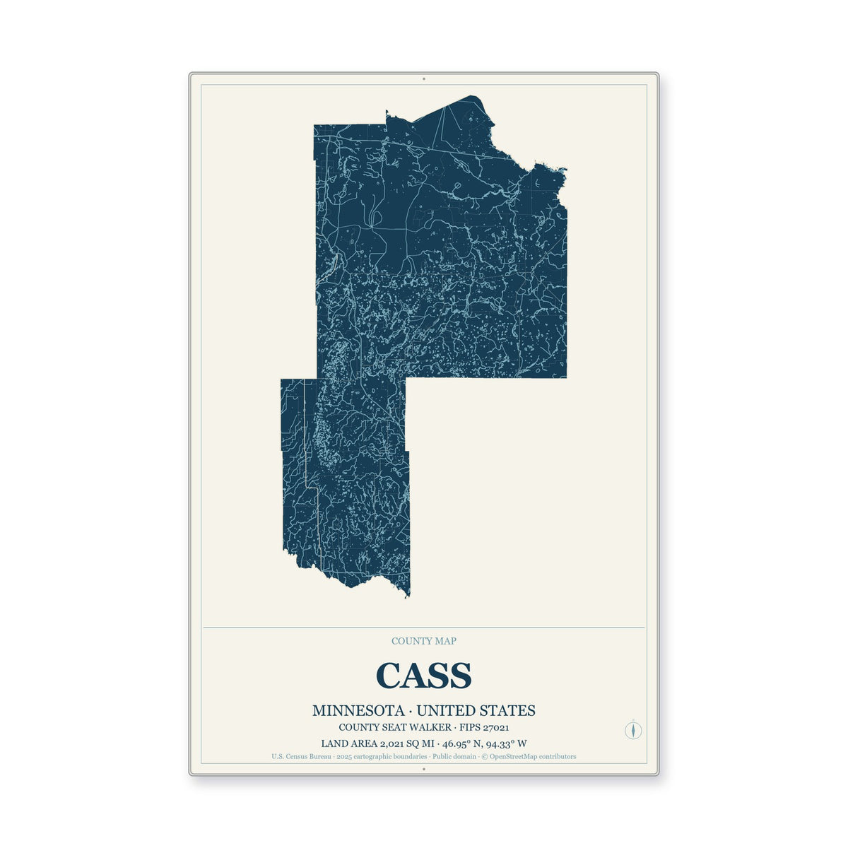 Cass County, Minnesota Map Aluminum Sign in Coastal Cutout style