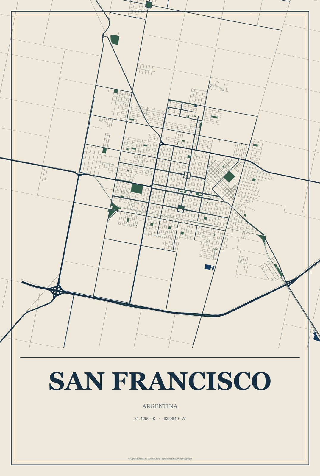 San Francisco, Argentina City Map Aluminum Sign in Coastal Cutout style