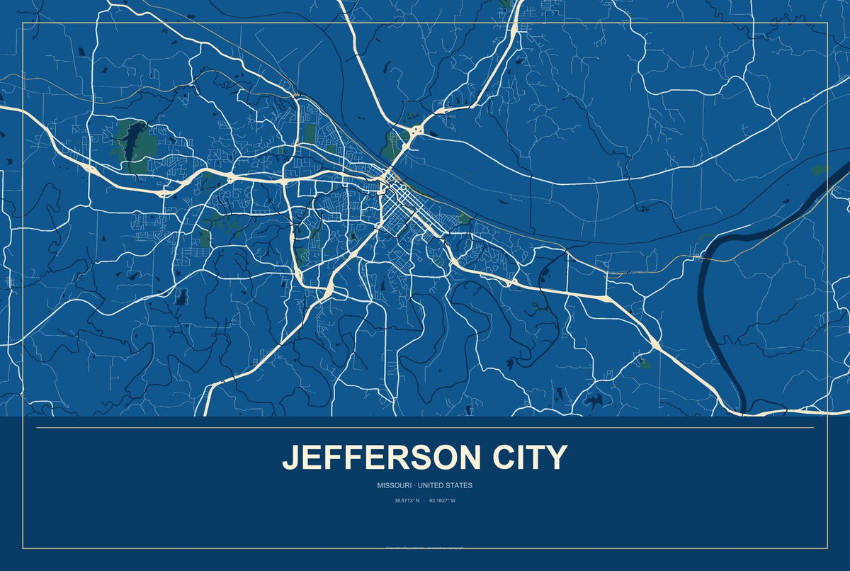 Jefferson City, Missouri City Map Aluminum Sign in Harbor Cobalt style