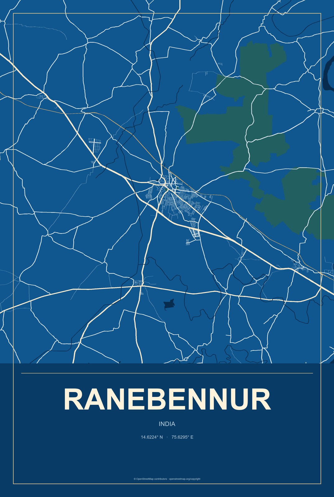 Ranebennur, India City Map Aluminum Sign in Harbor Cobalt style