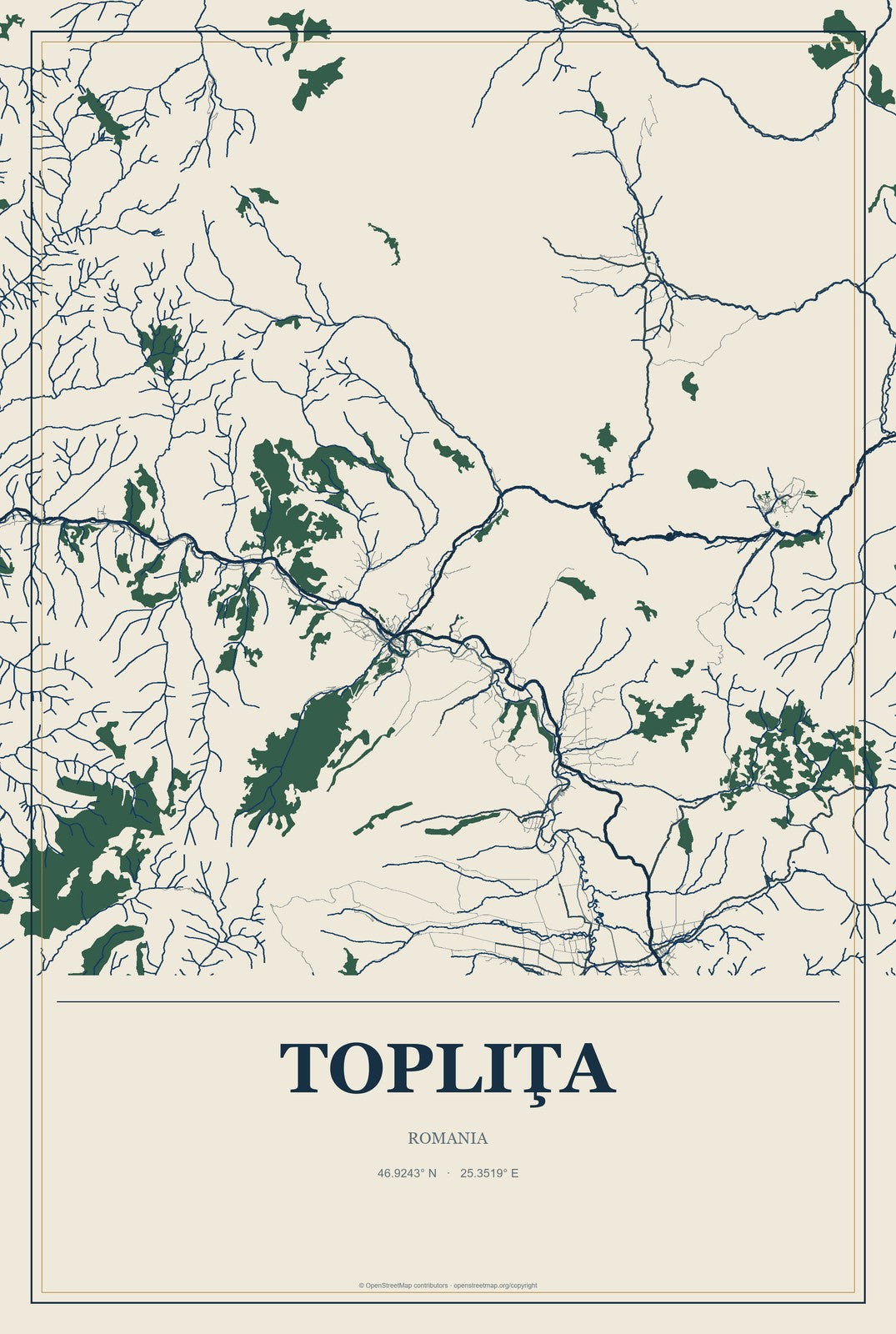Topliţa, Romania City Map Aluminum Sign in Coastal Cutout style