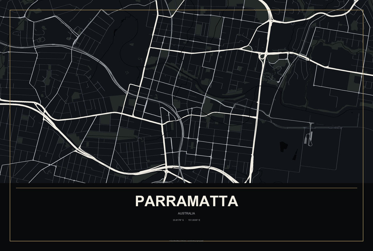 Parramatta, Australia City Map Aluminum Sign in Metropolitan Noir style