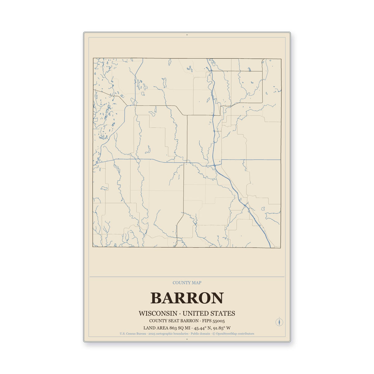 Barron County, Wisconsin Map Aluminum Sign in Heritage Nautical style