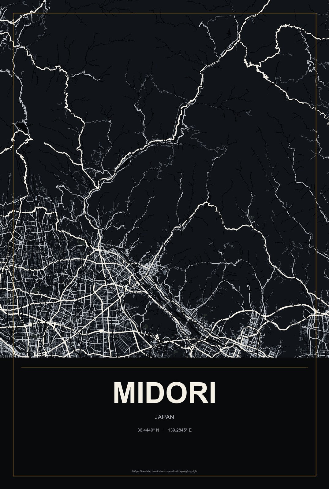 Midori, Japan City Map Aluminum Sign in Metropolitan Noir style