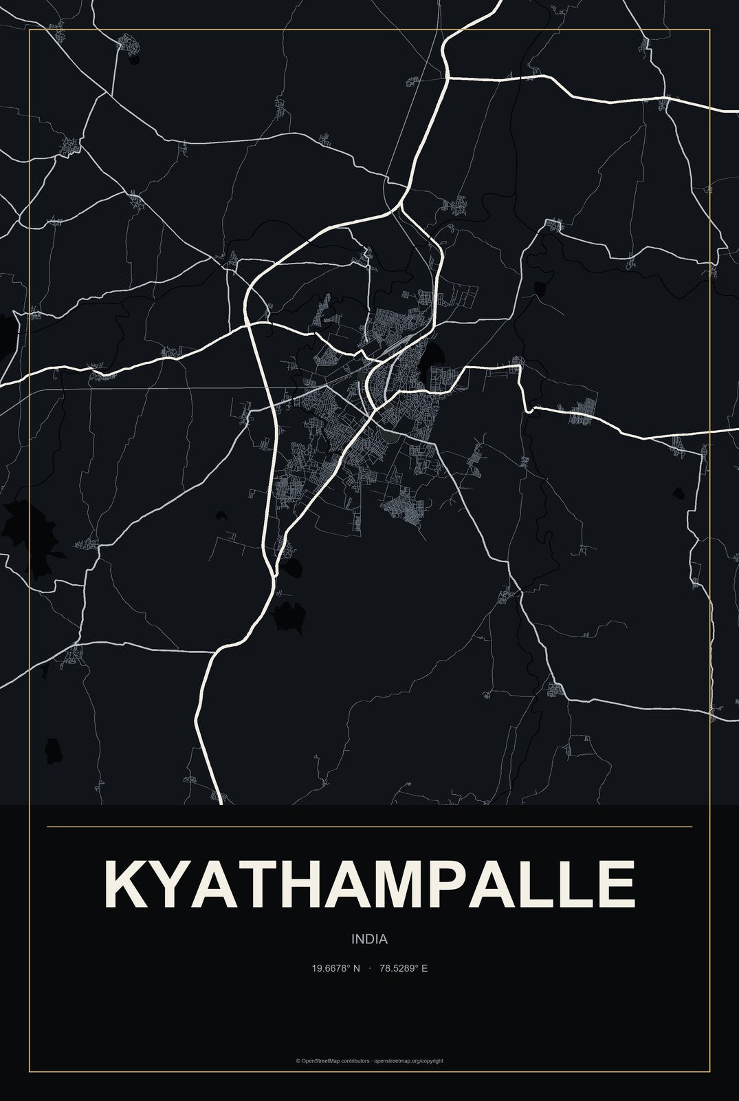 Kyathampalle, India City Map Aluminum Sign in Metropolitan Noir style