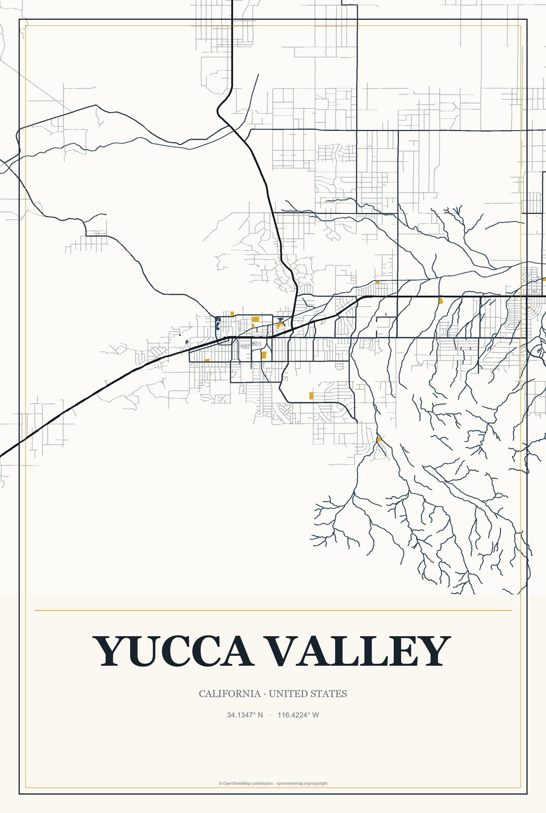 Yucca Valley, California City Map Aluminum Sign in Citrine Modern style