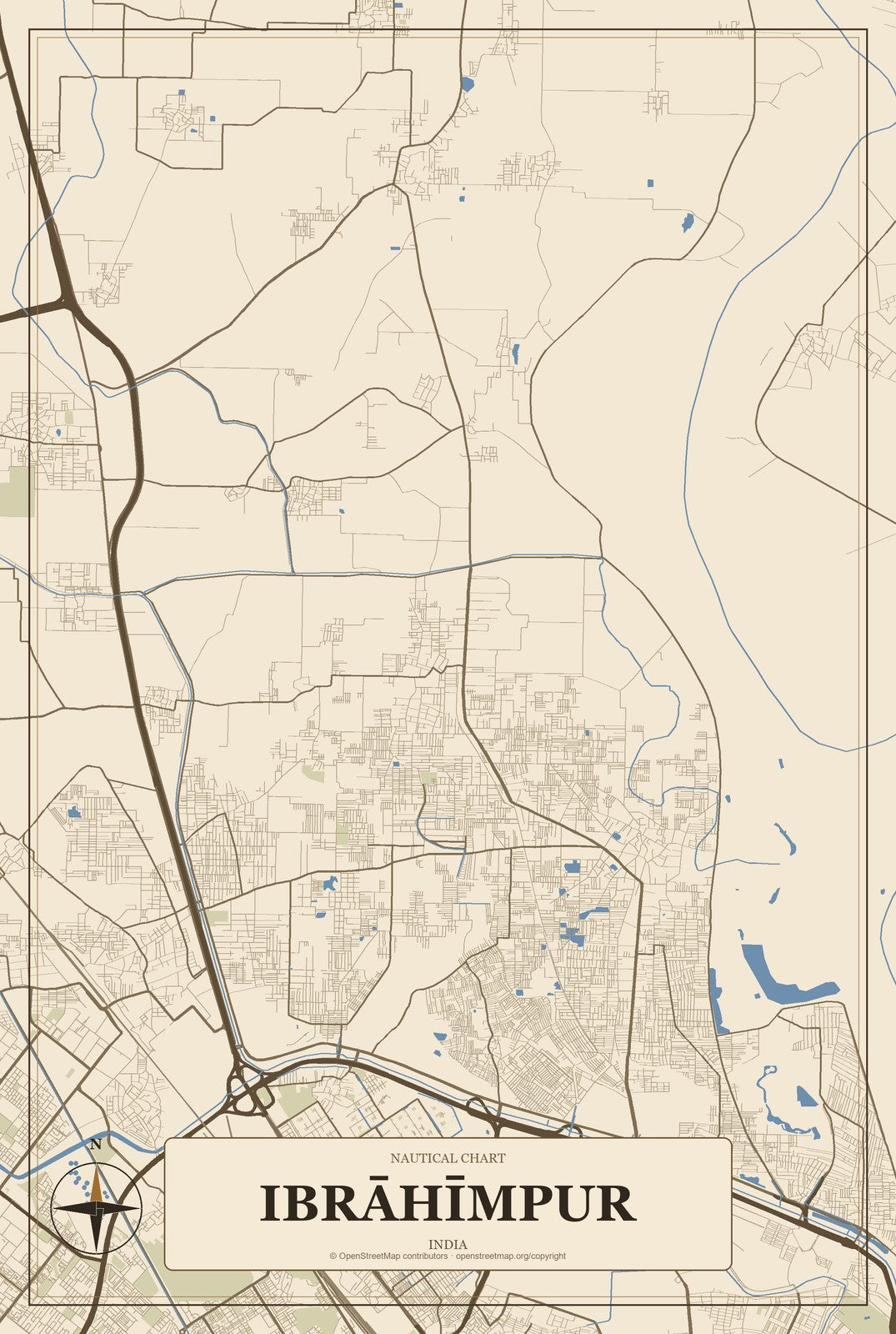 Ibrāhīmpur, India City Map Aluminum Sign in Heritage Nautical style