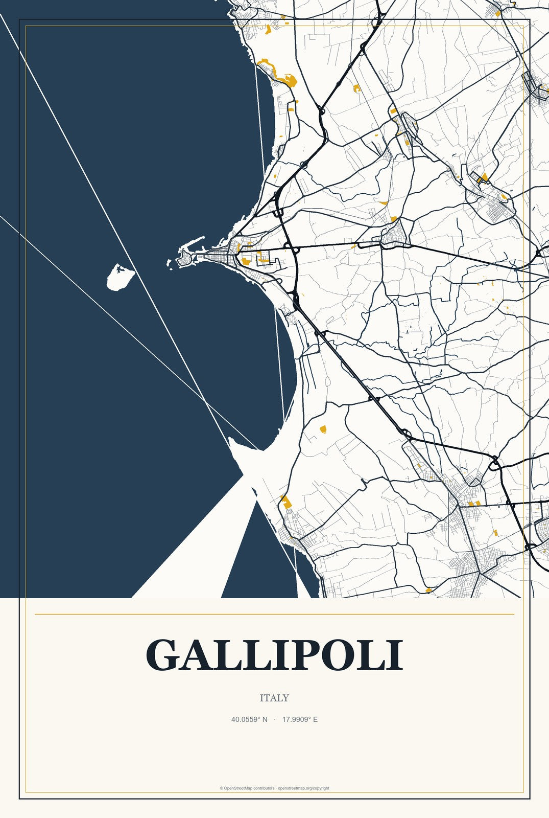 Gallipoli, Italy City Map Aluminum Sign in Citrine Modern style