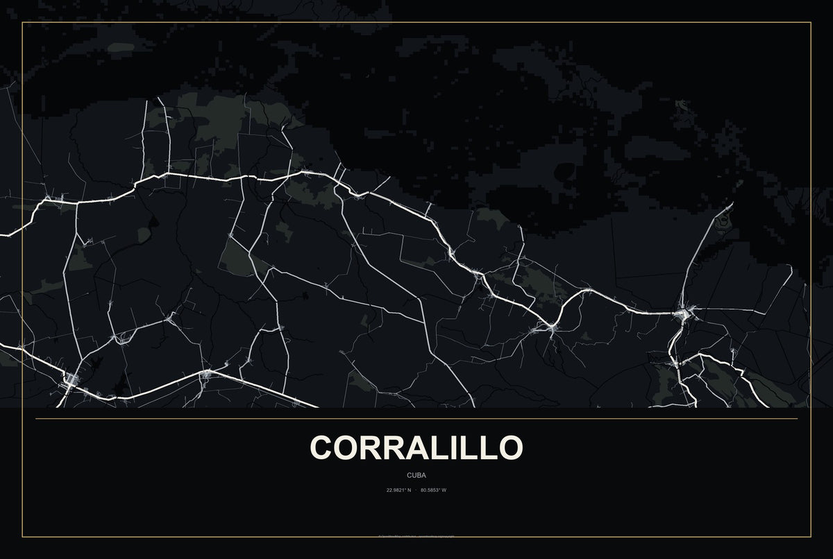 Corralillo, Cuba City Map Aluminum Sign in Metropolitan Noir style