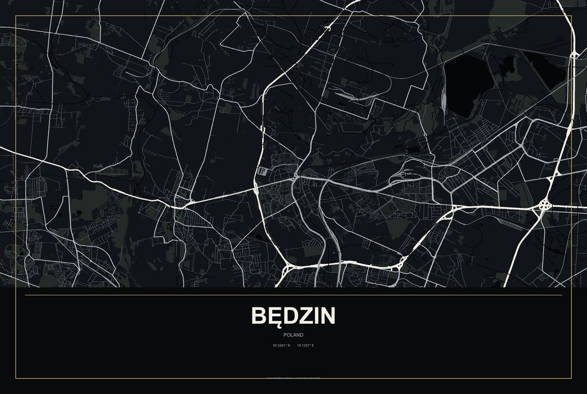 Będzin, Poland City Map Aluminum Sign in Metropolitan Noir style