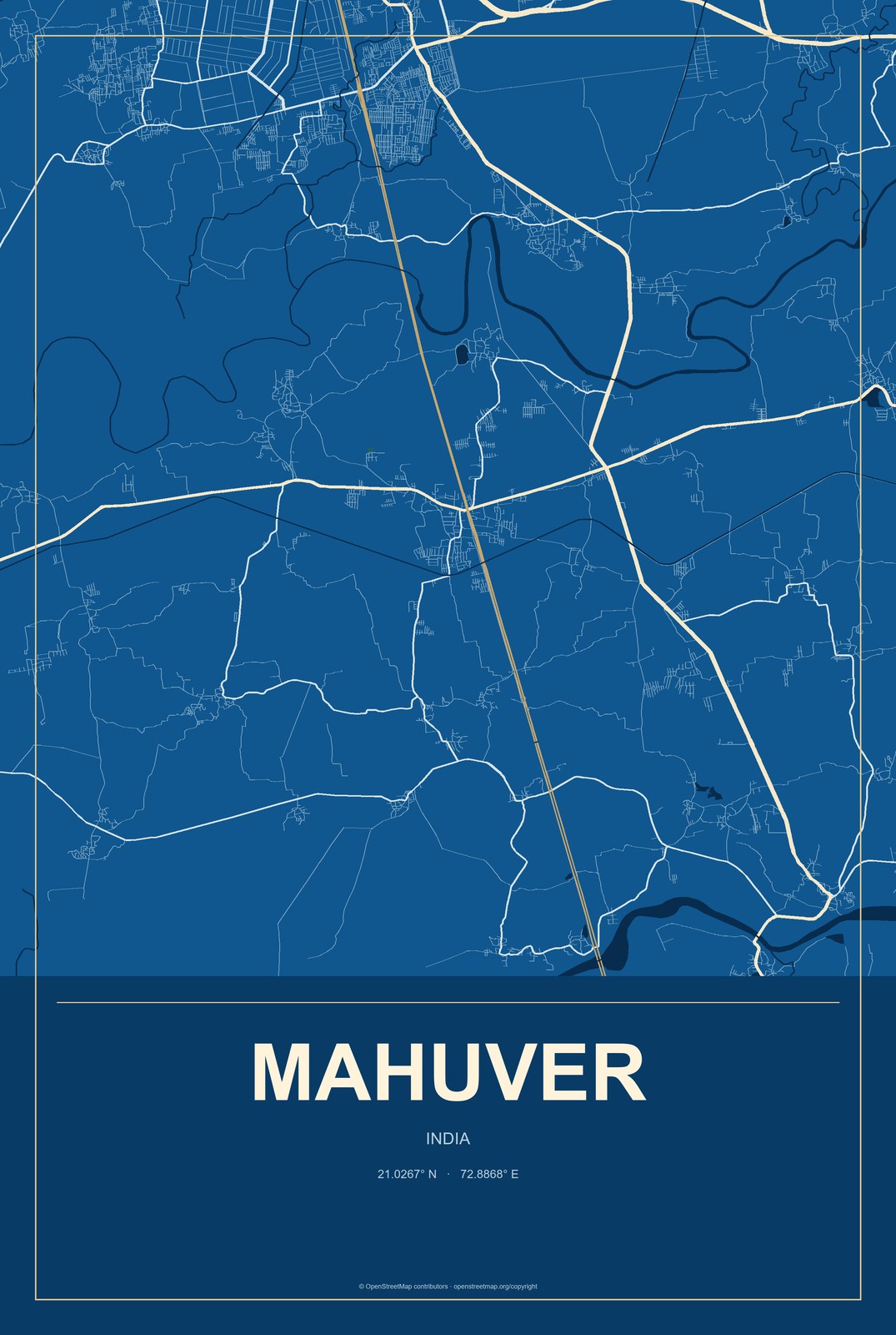 Mahuver, India City Map Aluminum Sign in Harbor Cobalt style