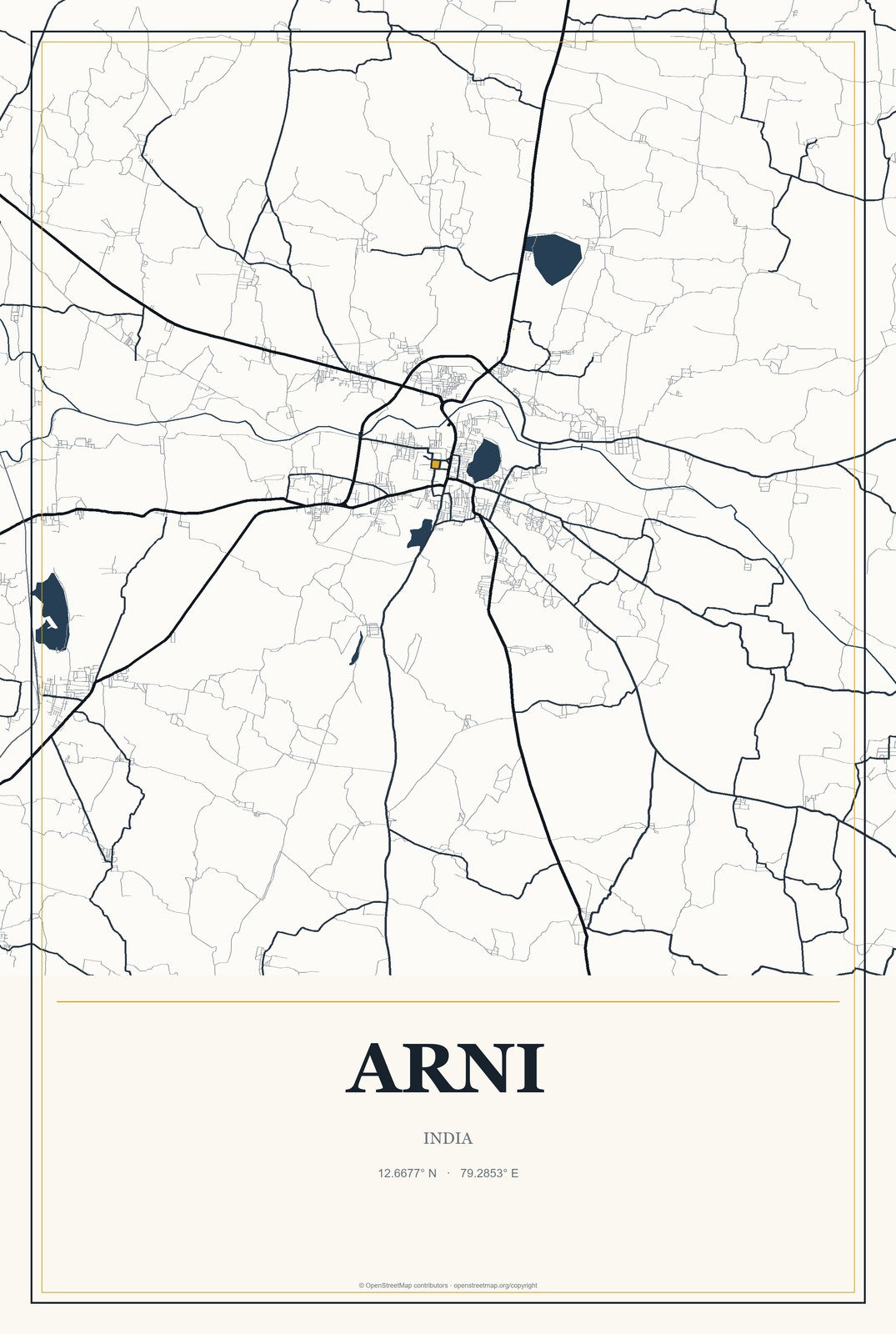 Arni, India City Map Aluminum Sign in Citrine Modern style