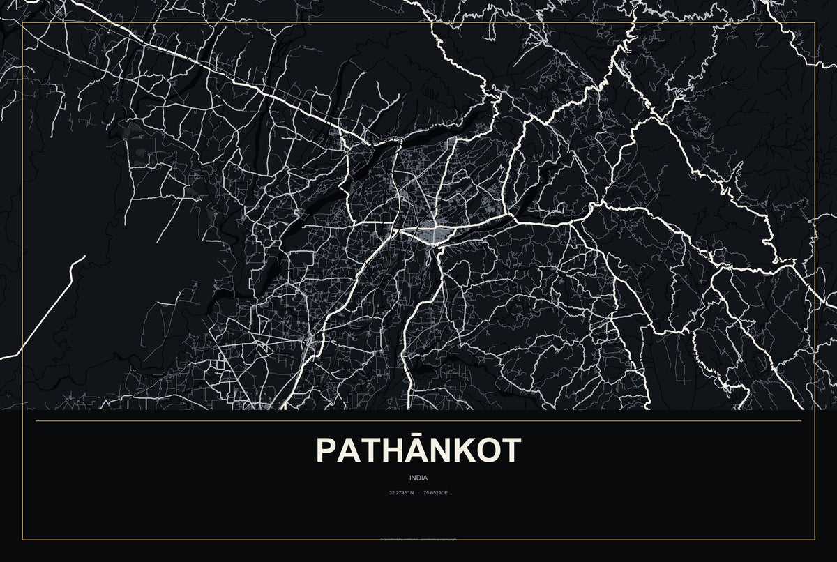 Pathānkot, India City Map Aluminum Sign in Metropolitan Noir style