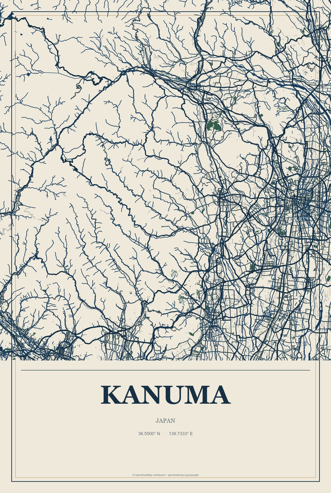 Kanuma, Japan City Map Aluminum Sign in Coastal Cutout style
