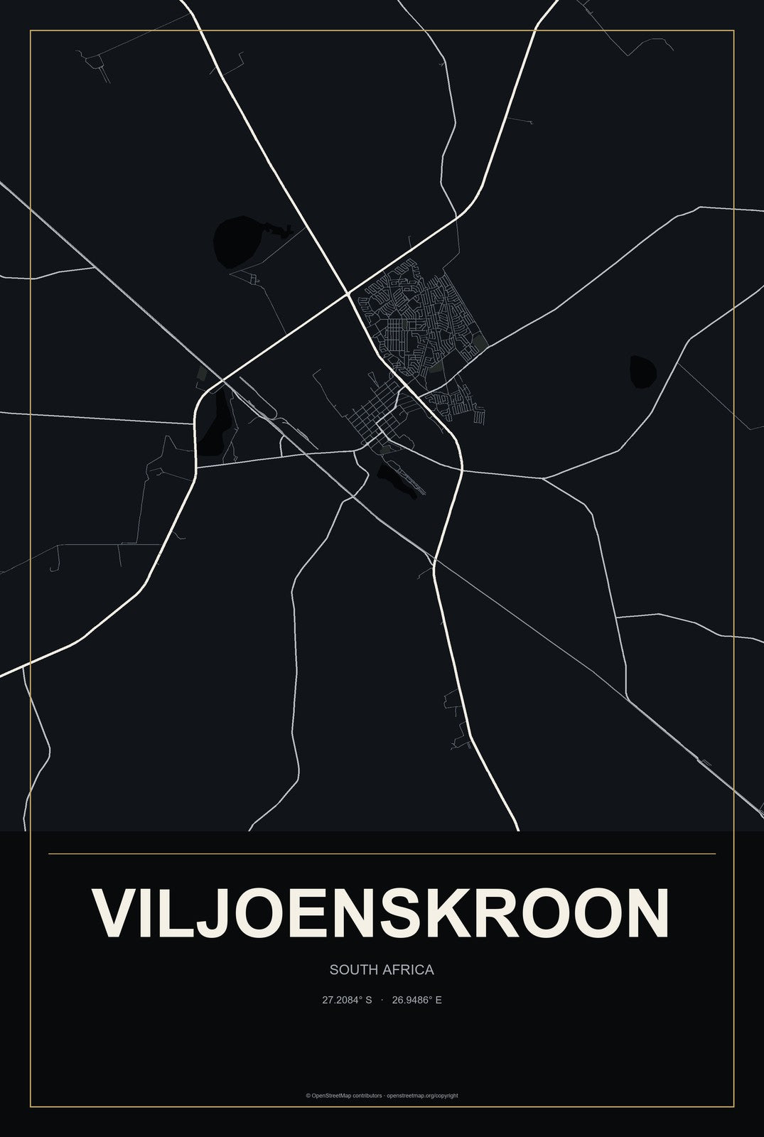 Viljoenskroon, South Africa City Map Aluminum Sign in Metropolitan Noir style