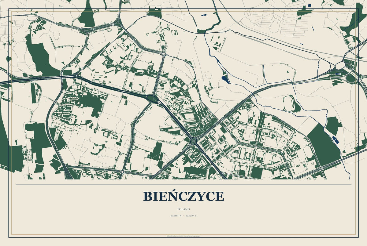 Bieńczyce, Poland City Map Aluminum Sign in Coastal Cutout style