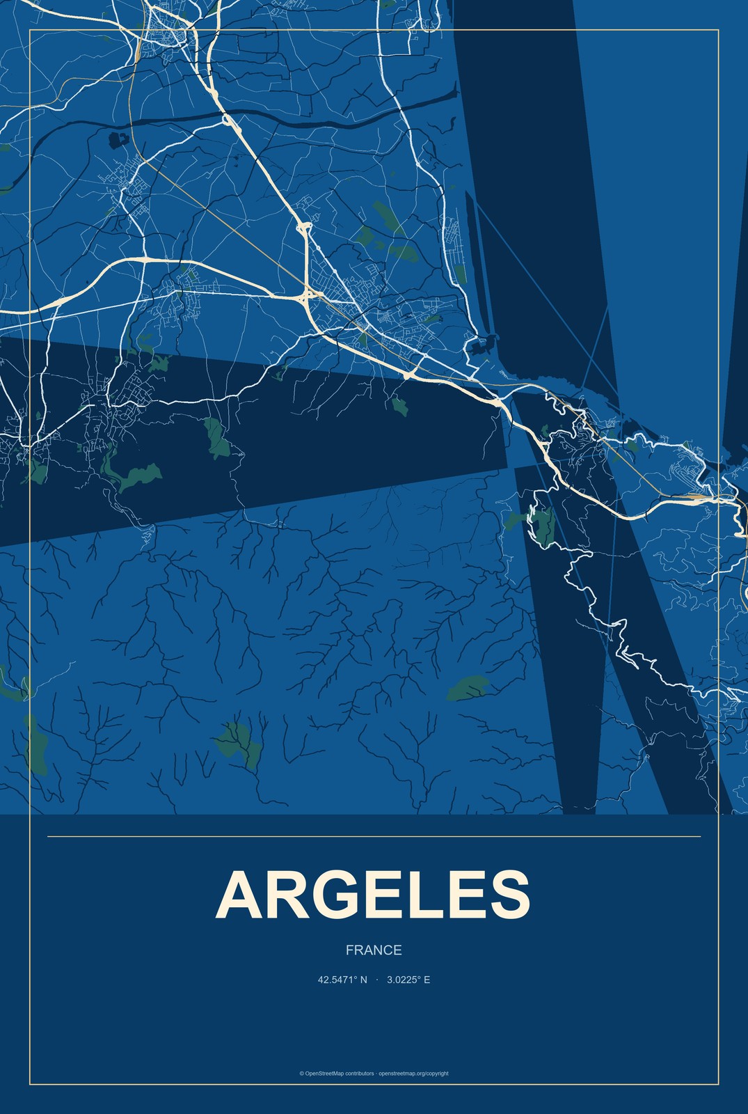 Argeles, France City Map Aluminum Sign in Harbor Cobalt style