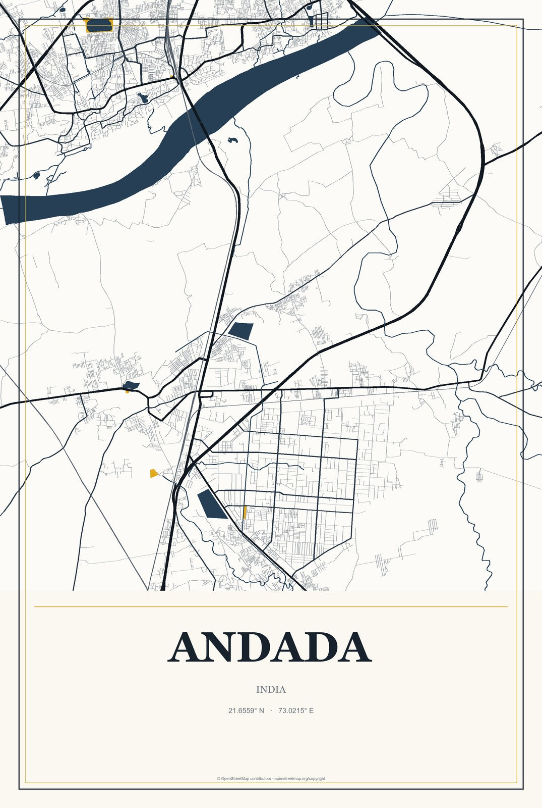 Andada, India City Map Aluminum Sign in Citrine Modern style