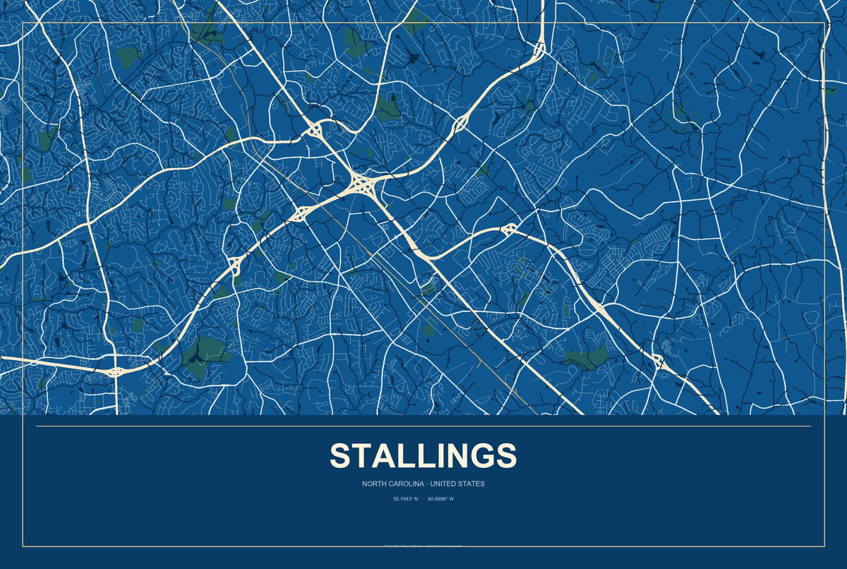 Stallings, North Carolina City Map Aluminum Sign in Harbor Cobalt style