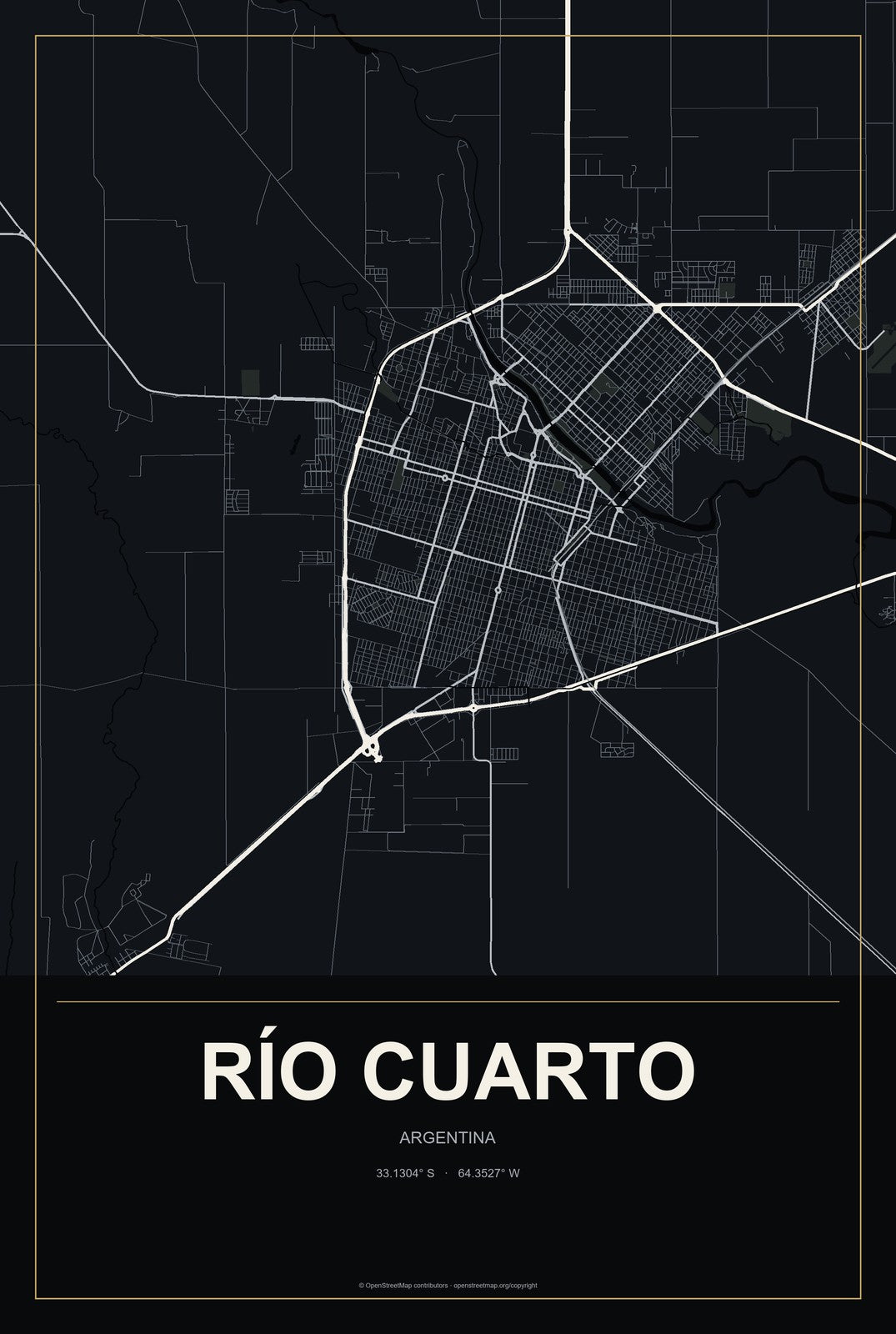 Río Cuarto, Argentina City Map Aluminum Sign in Metropolitan Noir style