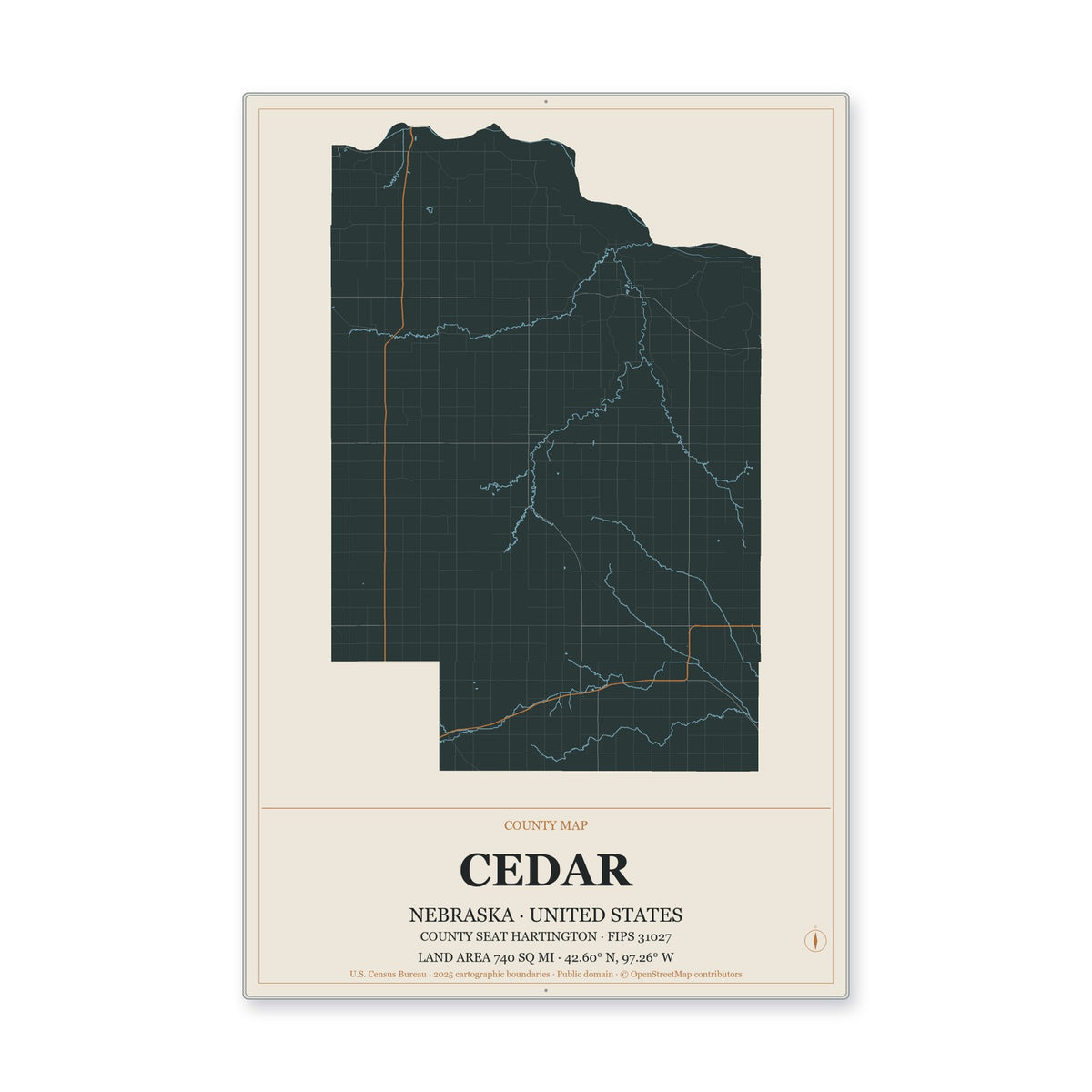 Cedar County, Nebraska Map Aluminum Sign in Headline Atlas style