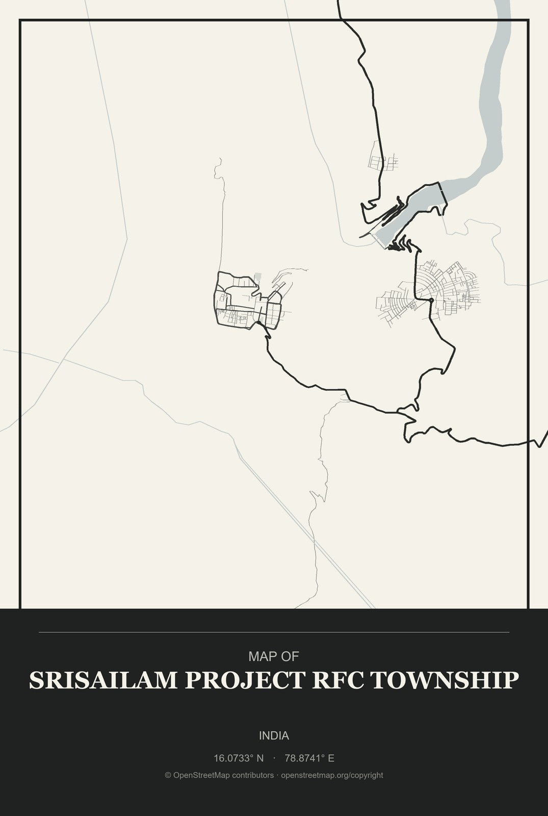 Srisailam Project RFC Township, India City Map Aluminum Sign in Museum Plaque style